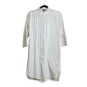 Kal Rieman Shirt Womens XS White Blue Yellow Striped Button Up 3/4 Sleeve Cotton